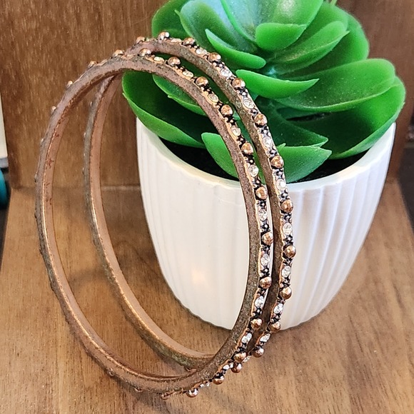 Unbranded Jewelry - Vintage Style Copper Tone Rhinestone Bangle Bracelet Set of 2 Bohemian Inner 2.5